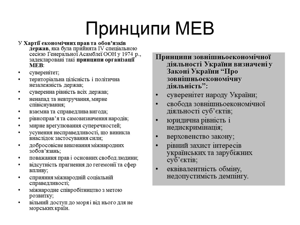 Принципи МЕВ У Хартії економічних прав та обов’язків держав, яка була прийнята ІV спеціальною